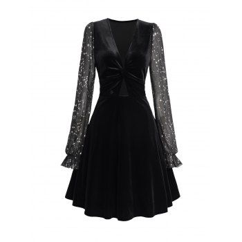 

Sheer Star Lace Sleeve Twist Velvet Dress Puff Sleeve Plunge Cut Out A Line Dress, Black