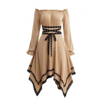 

Off The Shoulder Grommet Belted Ruched Handkerchief Dress Lace Hem Poet Sleeve Dress, Coffee