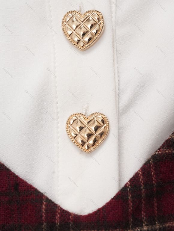 Robe Cœur Imprimé à Carreaux Epaule Dénudée à Demi-Bouton à Manches Evasées Fausse Deux Pièces - Rouge foncé M | US 6