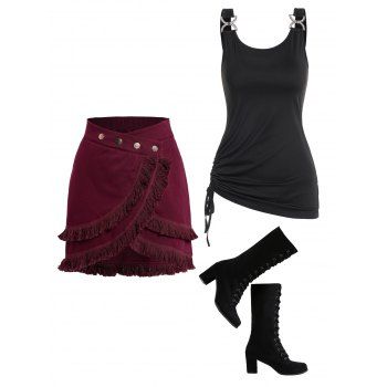 

Solid Color Rhinestone Tank Top And Mock Button Mini Skirt Chunky Heel Mid Calf Boots Outfit, Deep red