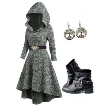 

Hooded Heathered High Low Knitted Dress And Chunky Heel Punk Boots Life Tree Drop Earrings Waist Belt Outift, Multicolor