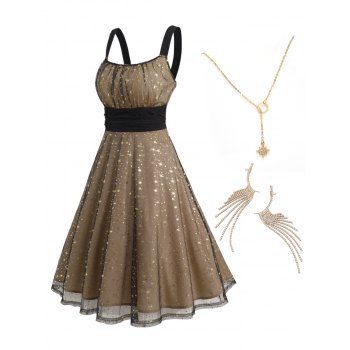 

Sparkly Star Sheer Mesh Overlay Party Dress And Lariat Necklace Tassel Elegance Earrings Outfit, Multicolor