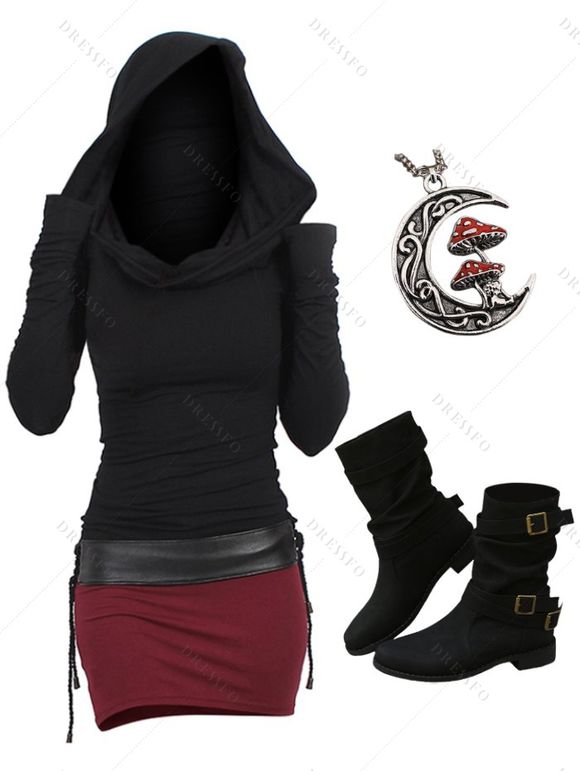 Bottes à Chaîne Multicolores et Robe Mi-Mollet avec Pendentif Champignon et Lune - Noir S | US 4