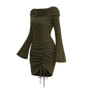 

Off The Shoulder O Ring Foldover Ruched Cinched Dress Bell Sleeve Textured Bodycon Dress, Deep green