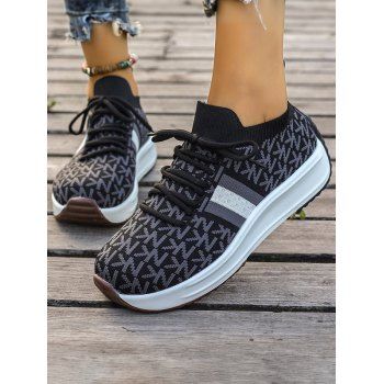 

Letter Pattern Sneakers Lace Up Breathable Comfy Knitted Shoes, Black