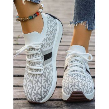 

Letter Pattern Sneakers Lace Up Breathable Comfy Knitted Shoes, White