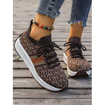 

Letter Pattern Sneakers Lace Up Breathable Comfy Knitted Shoes, Coffee