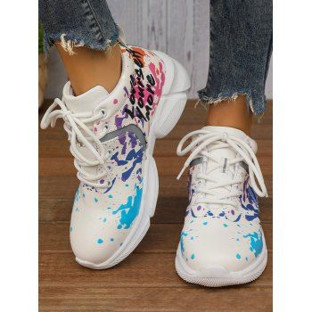 

Graffiti Lace-Up Round Toe Faux Leather Casual Sneakers, Multicolor a