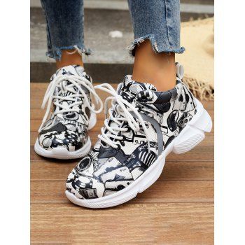 

Graffiti Lace-Up Round Toe Faux Leather Casual Sneakers, Multicolor b