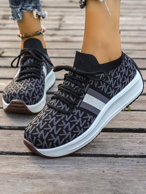 Letter Pattern Sneakers Lace Up Breathable Comfy Knitted Shoes - Noir EU 42