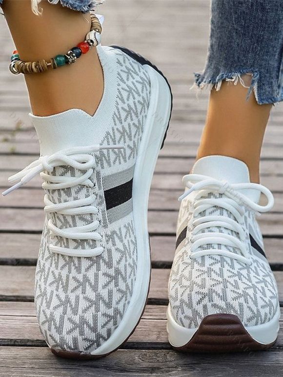 Letter Pattern Sneakers Lace Up Breathable Comfy Knitted Shoes - Blanc EU 41