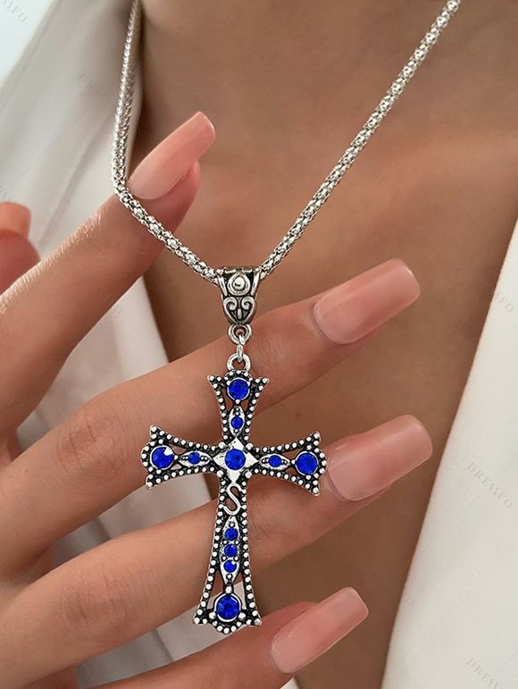 Collier Ras de Cou avec Pendentif Croix Incrustée de Zircon Coloré Style Hip Hop pour Femmes - Bleu 