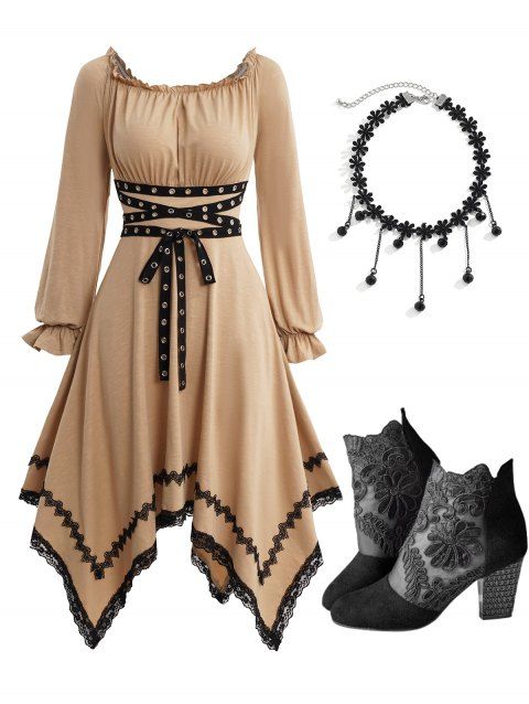 Grommet Belted Ruched Handkerchief Dress And Zip Fly Outdoor Sandals Lace Choker Necklace Outfit