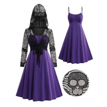 

Bat Pattern Mesh Gothic Top And Solid Color Cami Dress Halloween Set, Concord