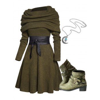 

Multi-way Belted Knit Dress And Chunky Heel Punk Boots Chain Alloy Necklace Outfit, Deep green