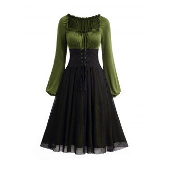 

Women Vintage Elegant Dress With Waistband Office Colorblock Lantern Sleeve Casual Dress, Green