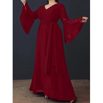 

Plus Size Solid Color V Neck Ruffle Sleeve Dress Self Belted V Back Maxi Dress, Red