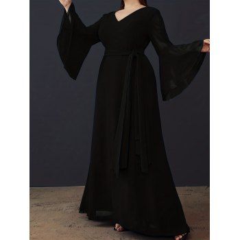 

Plus Size Solid Color V Neck Ruffle Sleeve Dress Self Belted V Back Maxi Dress, Black