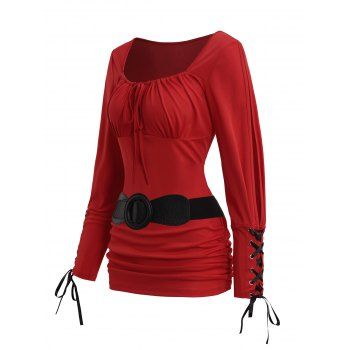 

Valentine's Day Women Long Sleeve Top Round Neck Solid Color Ruched Bust Drawstring Casual Top, Red