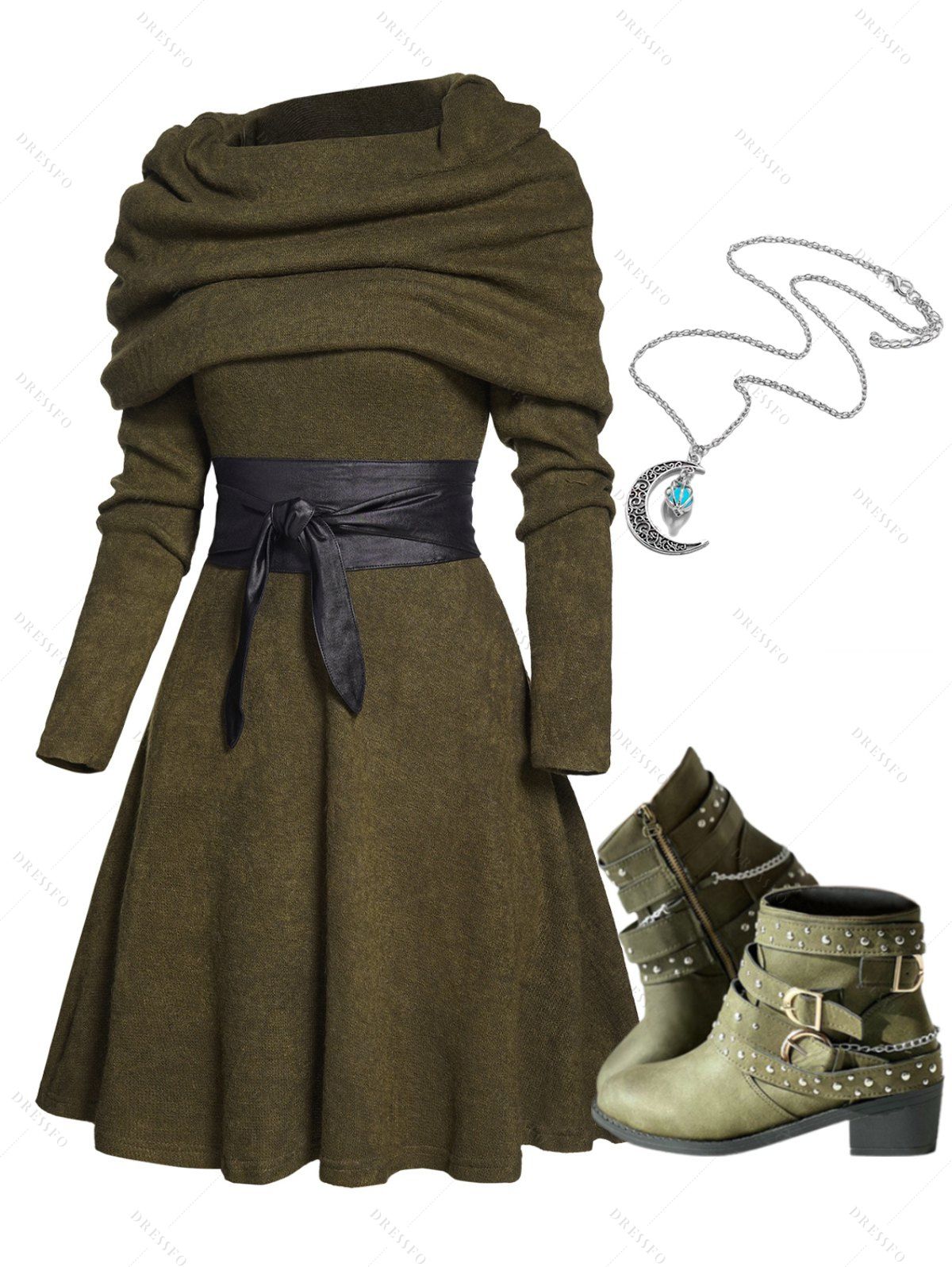 Dresslily Multi-way Belted Knit Dress And Chunky Heel Punk Boots Chain Alloy Necklace Outfit S / us 4 Deep green