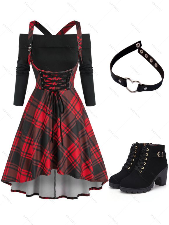 Ensemble Corset Femme Zippé Haut-Bas à Épaules Dénudées et Robe Ajourée - Rouge S | US 4