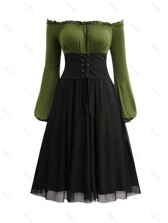 Robe Décontractée Vintage en Blocs de Couleurs à Taille Haute - Vert S | US 4
