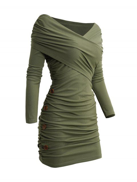 Solid Color Long Sleeve Jersey Stretch Knit Ruched Shoulder Bodycon Casual Daily Dress