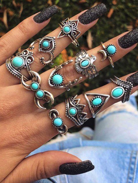 11Pcs Retro Artificial Turquoise Knuckle Silver Moon Owl Crown Geometric Pattern Alloy Finger Rings Set