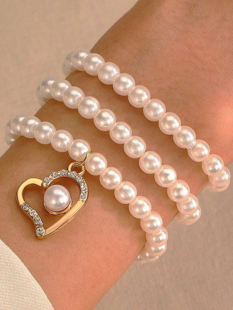 Bracelet Cœur avec Perle Artificielle en Métal avec Strass 3 Pièces