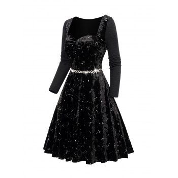 

Gilded Star Print Velvet Metal Chain Decor Belted Long Seelve Dress, Black