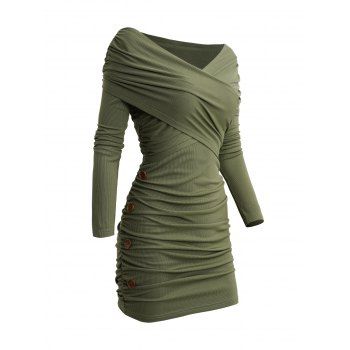 

Solid Color Long Sleeve Jersey Stretch Knit Ruched Shoulder Bodycon Casual Daily Dress, Deep green