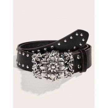 

Floral Engraved Rivets Adjustable PU Wide Waist Belt, Black