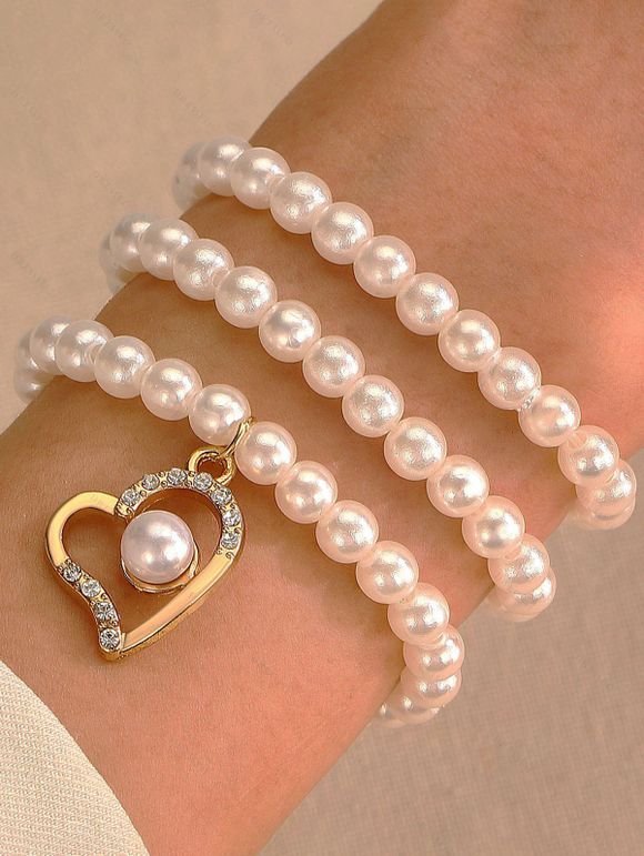 Bracelet Cœur avec Perle Artificielle en Métal avec Strass 3 Pièces - Blanc 