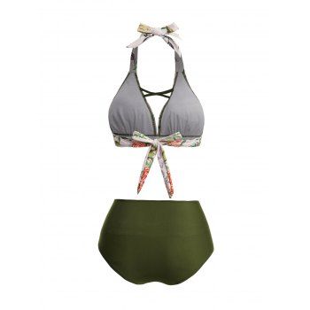 Flower leaf Print Crisscross Halter Bikini Swimsuit Ruched Backless Two Piece Bathing Suit 
