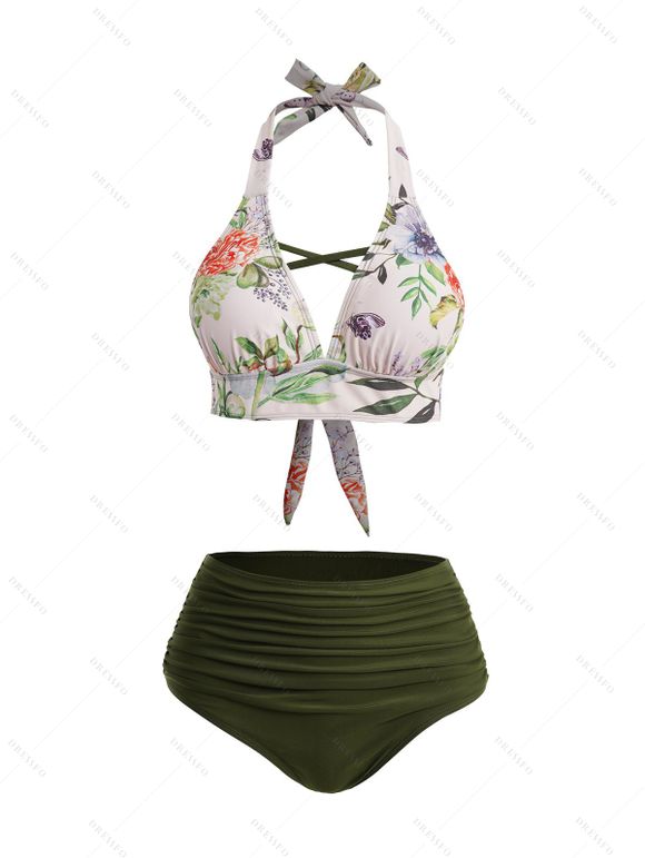 Maillot de Bain Bikini Croisé Fleur Imprimée sans Dos à Volants à Col Halter Deux Pièces - Vert profond XL | US 12