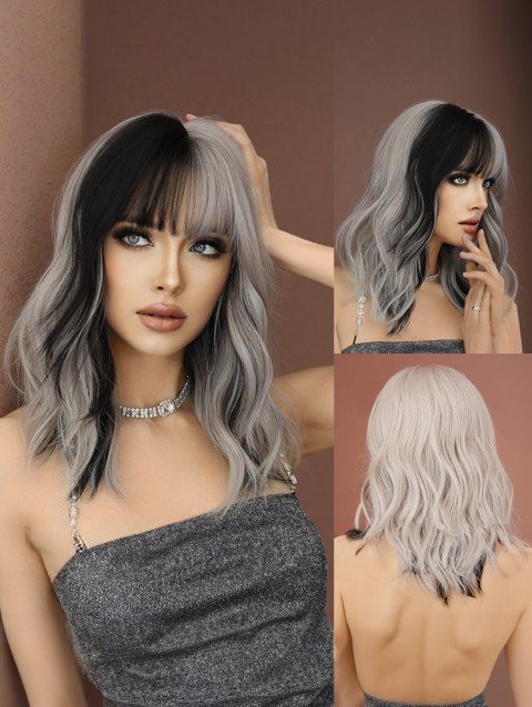 Perruque Synthétique Mi-Longue Ondulée Couleur Dégradée en Argent Gris