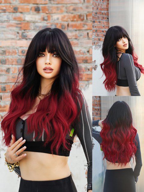 Ombre Black Red Highlight Full Bang Wavy Long Trendy Fluffy Synthetic Wig
