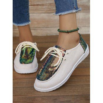 

Women Sequins Decor Sneakers Casual Lace Up Outdoor Shoes Lightweight Low Top Running Shoes, White