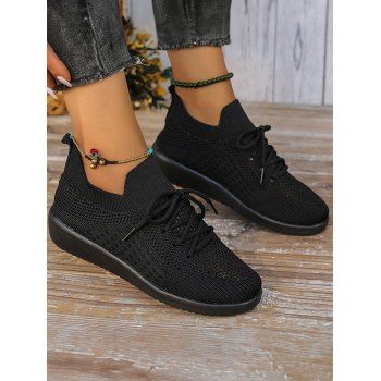 

Women Breathable Flying Woven Sneakers Casual Lace Up Outdoor Shoes Lightweight Low Top Running Shoes, Black