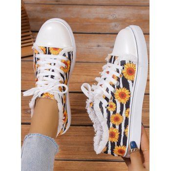 

Women's Sunflower Pattern Print Slip On Flat Lace Up Canvas Shoes, Multicolor