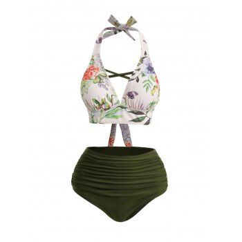 

Flower leaf Print Crisscross Halter Bikini Swimsuit Ruched Backless Two Piece Bathing Suit, Deep green
