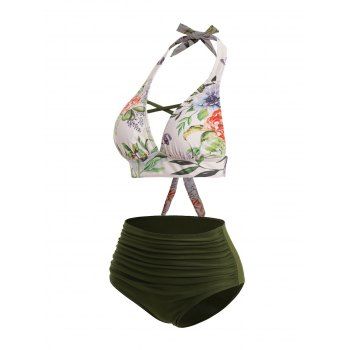 Flower leaf Print Crisscross Halter Bikini Swimsuit Ruched Backless Two Piece Bathing Suit 