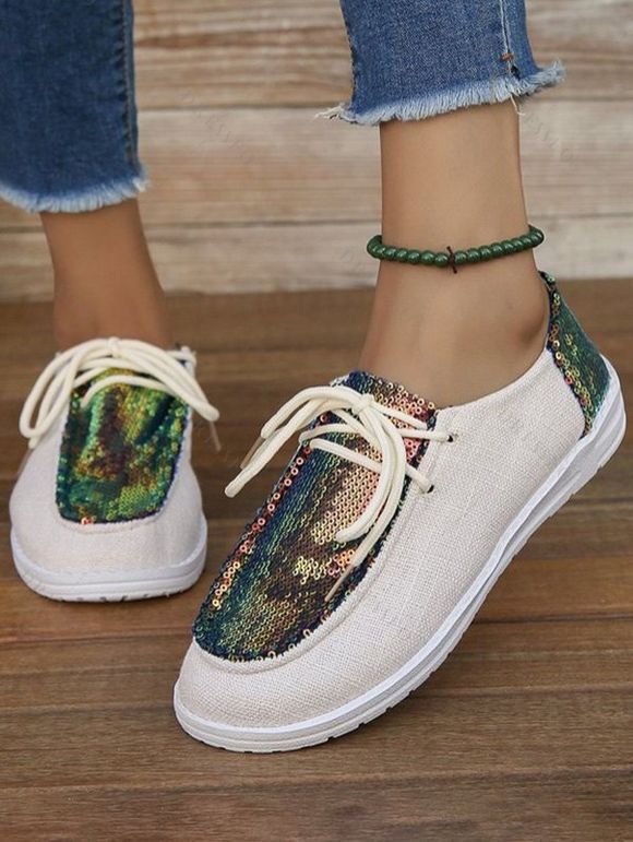 Women Sequins Decor Sneakers Casual Lace Up Outdoor Shoes Lightweight Low Top Running Shoes - Blanc EU 36