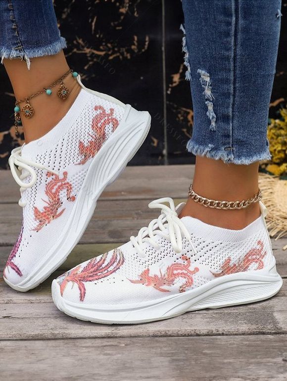 Women Comfortable Fabric Upper Pointed Toe Lace-up Sports Casual Shoes Fashion Printed Flat Bottomed Shoes For Walking - Blanc EU 41