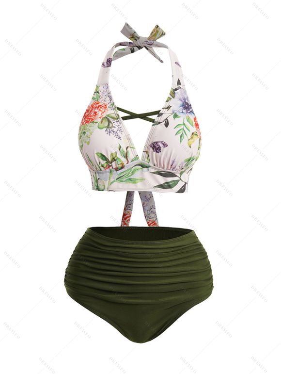 Maillot de Bain Bikini Croisé Fleur Imprimée sans Dos à Volants à Col Halter Deux Pièces - Vert profond S | US 4