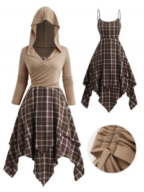 Plaid Print Layered Handkerchief Cami Dress And Cinched Surplice Hooded T-Shirt Two Piece Summer Set
