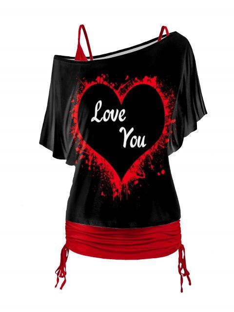 Valentine's Day Letters Heart Print Oblique Shoulder T Shirt And Cinched V Neck Spaghetti Strap Two Piece Set
