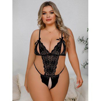 

Plus Size Sexy Lace Hollow Out Open Crotch Solid Color Teddy Bodysuit, Black