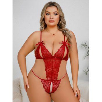 

Plus Size Sexy Lace Hollow Out Open Crotch Solid Color Teddy Bodysuit, Red