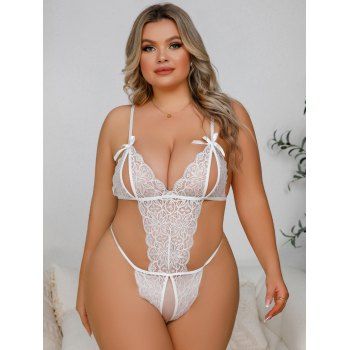 

Plus Size Sexy Lace Hollow Out Open Crotch Solid Color Teddy Bodysuit, White